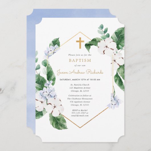 Blauw witte lente bloemen gouden jongen doop kaart (Voorkant / Achterkant)