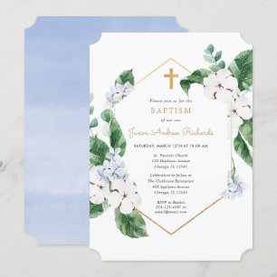 Blauw witte lente bloemen gouden jongen doop kaart