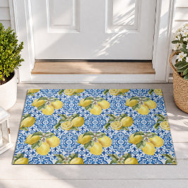 Blauw Witte Limoen Tegel Mediterraan Patroon Deurmat