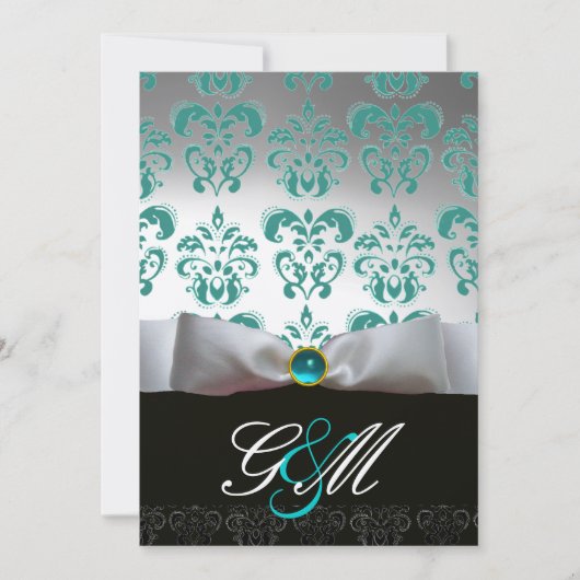 BLAUW WITTE LINT  ZWARTE DAMAST MONOGRAMM Champagn Kaart (Voorkant)