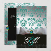 BLAUW WITTE LINT ZWARTE DAMASTEN MONOGRAM Champag Kaart (Voorkant / Achterkant)