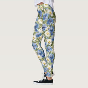 Blauw Witte Madeliefjes Bloemen Leggings