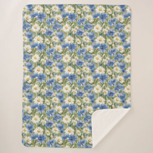 Blauw Witte Madeliefjes Bloemen Sherpa Deken