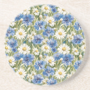 Blauw Witte Madeliefjes Bloemen Zandsteen Onderzetter