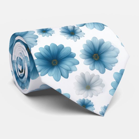 Blauw Witte Madeliefjes Bloempatroon Stropdas (Opgerold)