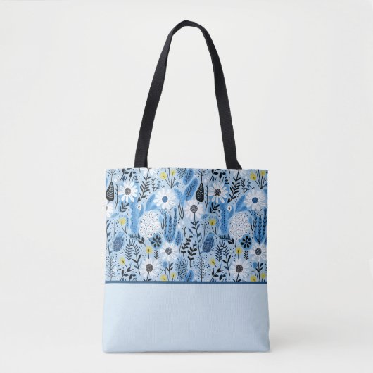 Blauw-witte madeliefjes en bladeren, kleurenblok tote bag (Voorkant)