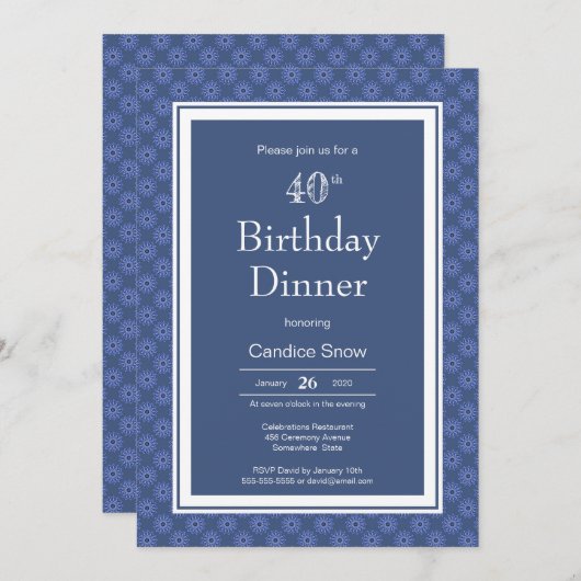 Blauw Witte Mandala Patroon 40ste Verjaardag Diner Kaart (Voorkant / Achterkant)