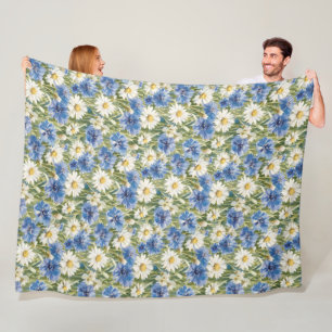 Blauw Witte Margriet Bloemen Fleece Deken
