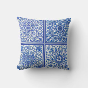 Blauw Witte Mediterraanse Tegel Botanisch Patroon Kussen