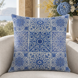Blauw Witte Mediterraanse Tegel Botanisch Patroon Kussen