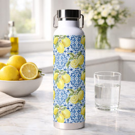 Blauw Witte Mediterraanse Tegels Citroen Patroon Waterfles