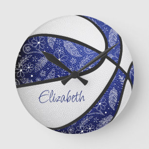 blauw witte meisjes boho veren patroon basketbal ronde klok