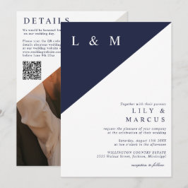 Blauw Witte Minimalistische Trouwfoto QR-code Kaart