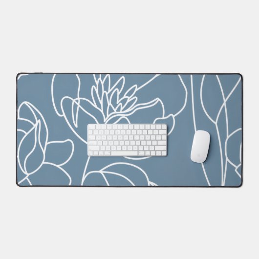 Blauw Witte Moderne Wilde Bloem Bureaumat (Keyboard & Muis)