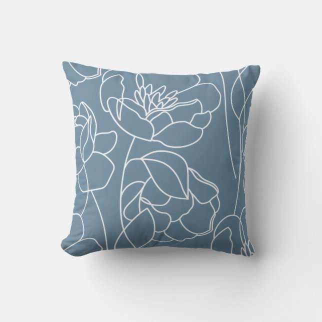 Blauw Witte Moderne Wilde Bloem Kussen (Voorkant)