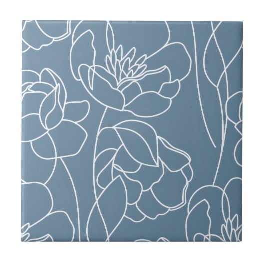 Blauw Witte Moderne Wilde Bloem Tegeltje (Voorkant)