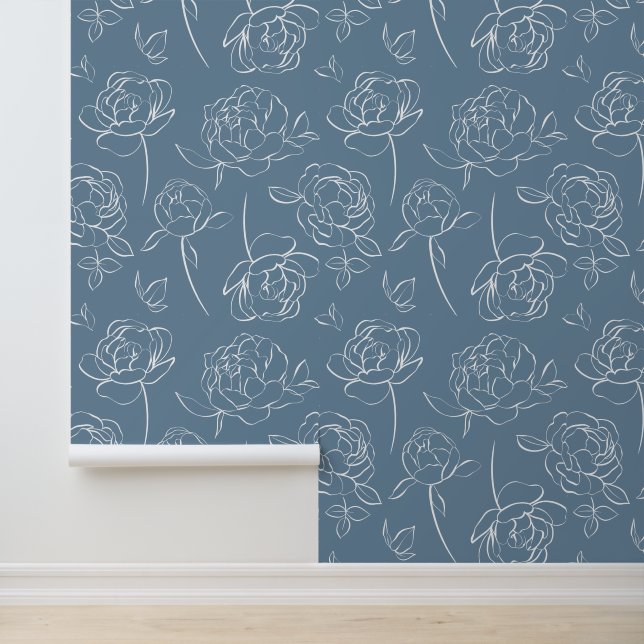 Blauw Witte Moderne Wilde Bloemen Behang (Applicatie)