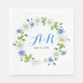 Blauw Witte Monogram Daisy Bloemige Trouw- Servetten (Voorkant)