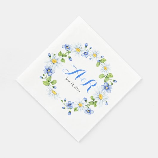 Blauw Witte Monogram Daisy Bloemige Trouw- Servetten (Hoek)