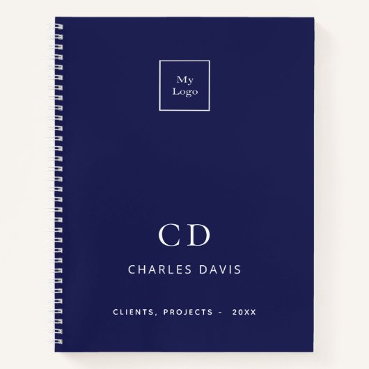 Blauw witte monogram initiaal bedrijfslogo notitieboek (Voorkant)
