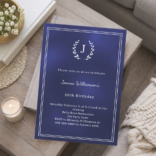 Blauw-witte monogram krans verjaardag kaart
