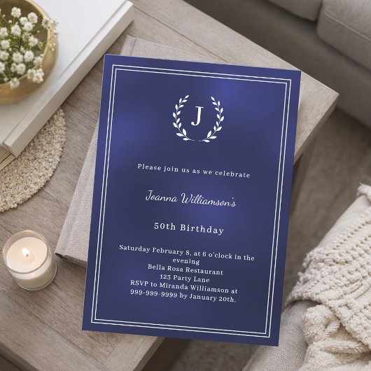 Blauw-witte monogram krans verjaardag kaart