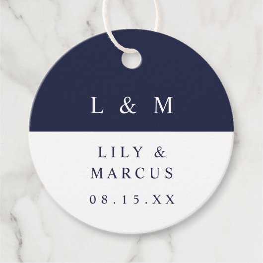 Blauw Witte Monogram Minimalistische Trouw Bedankjes Labels (Voorkant)