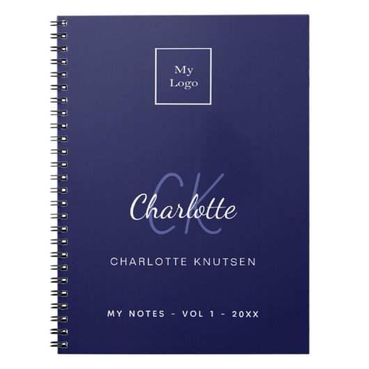 Blauw witte monogram naam bedrijfslogo notitieboek (Voorkant)