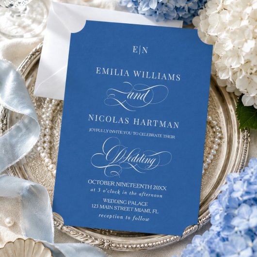 Blauw Witte Monogram Trouw Uitnodiging