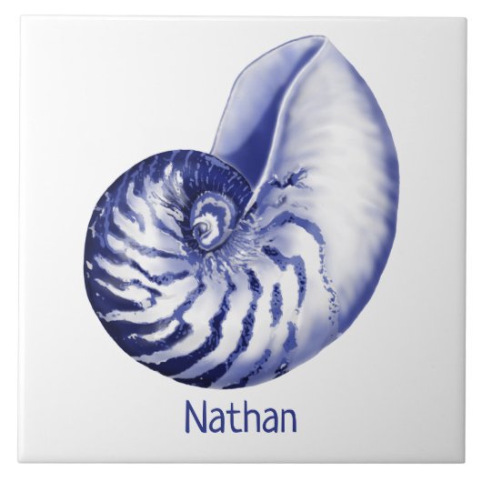 Blauw-witte nautilus met naam keramische tegel tegeltje (Voorkant)