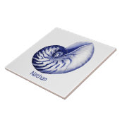 Blauw-witte nautilus met naam keramische tegel tegeltje (Zijkant)