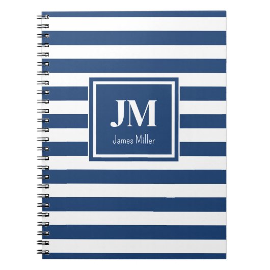 Blauw-witte nautische streepmonogram notitieboek (Voorkant)