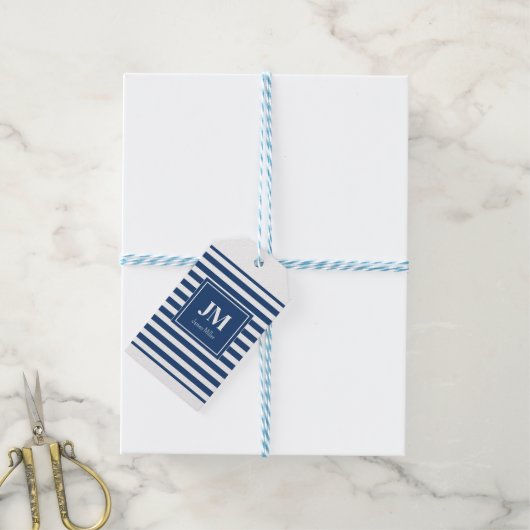 Blauw-witte nautische strepen Monogram Cadeaulabel (Met Touw)