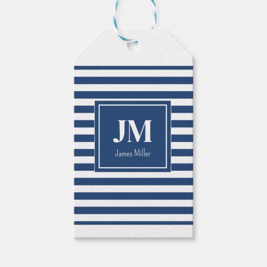 Blauw-witte nautische strepen Monogram Cadeaulabel (Voorkant)