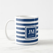 Blauw-witte nautische strepen Monogram Koffiemok (Links)