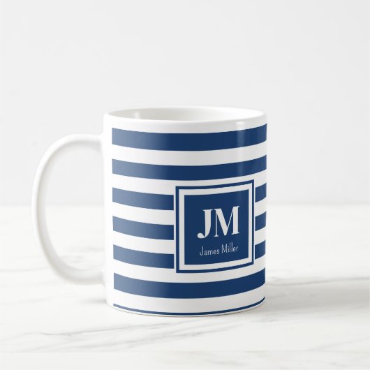 Blauw-witte nautische strepen Monogram Koffiemok (Links)