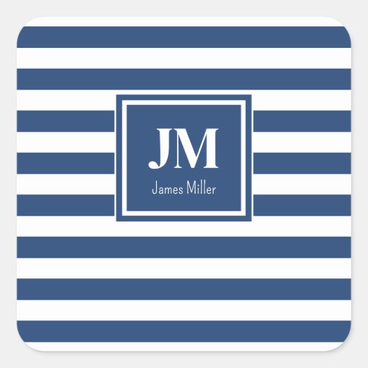 Blauw-witte nautische strepen Monogram Vierkante Sticker (Voorkant)