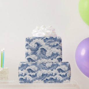 Blauw Witte Oceaan Golven Verjaardag Cadeaupapier