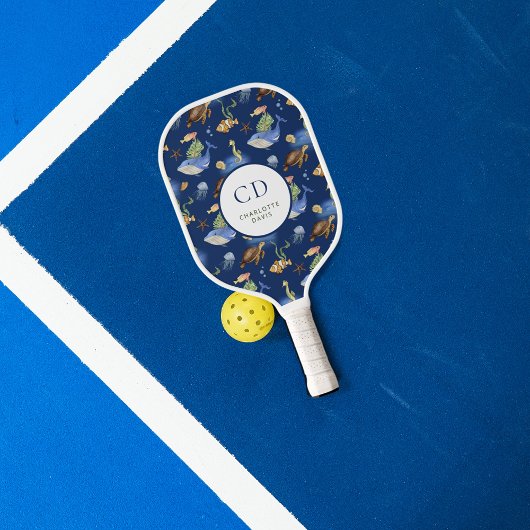 Blauw witte oceaan walvissen schildpadden monogram pickleball paddle
