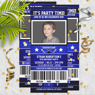 Blauw/witte ockey Ticket Birthday Party Kaart