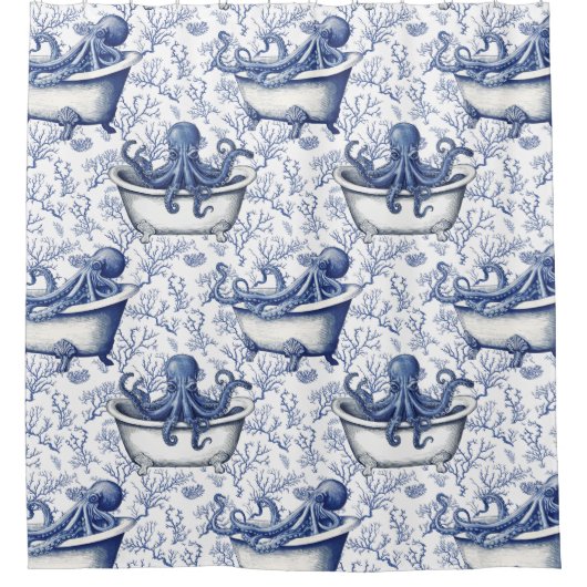 Blauw-witte octopus in badpatroon douchegordijn (Voorkant)
