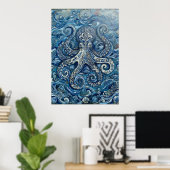 Blauw Witte Octopus Oceaan Poster (Thuiskantoor)