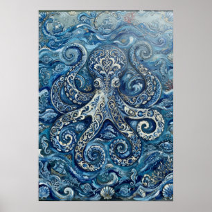 Blauw Witte Octopus Oceaan Poster