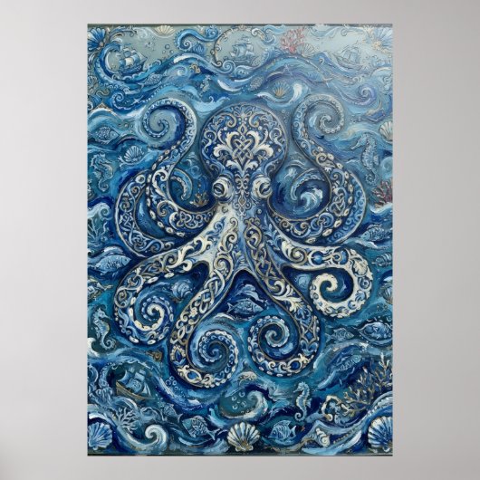 Blauw Witte Octopus Oceaan Poster (Voorkant)