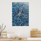Blauw Witte Octopus Oceaan Poster (Keuken)