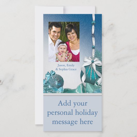 Blauw Witte Ornamenten Foto Kerst Kaarten (Voorkant)