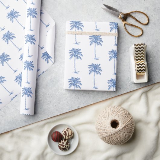 Blauw-Witte Palm Palmetto Boom Cadeaupapier (Crafts)