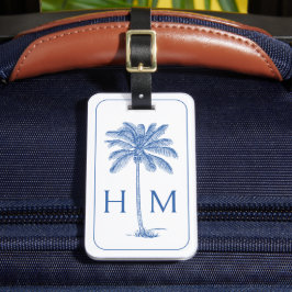 Blauw-witte palmboom Monogram Bagagelabel