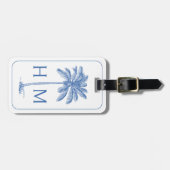 Blauw-witte palmboom Monogram Bagagelabel (Voorkant horizontaal)