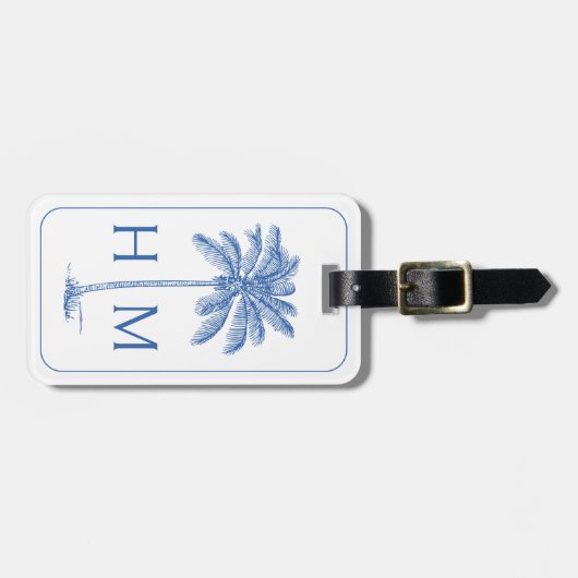Blauw-witte palmboom Monogram Bagagelabel (Voorkant horizontaal)